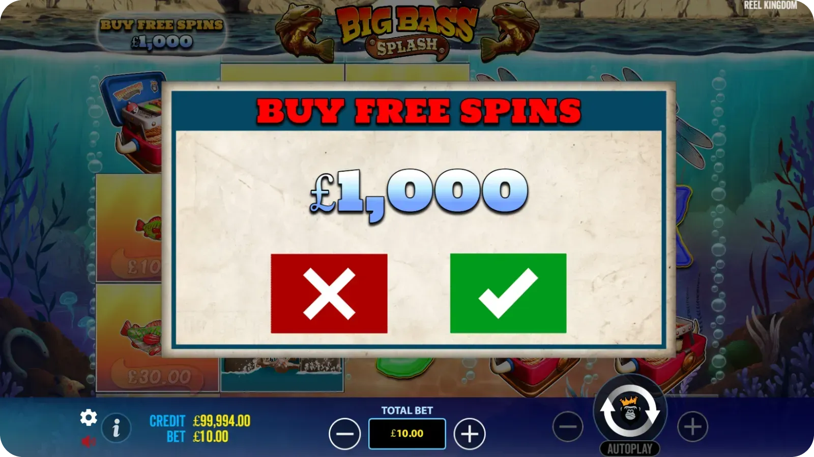 "Buy Free Spins" window. It costs £1000 since the bet is £10