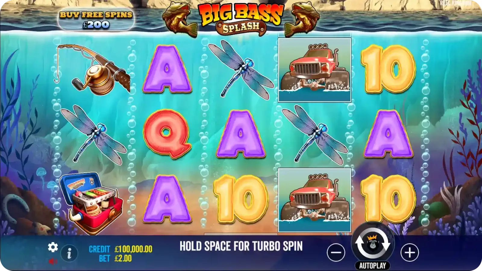 Basic Big Bass Splash screen with 5 reels, symbols, and user interface