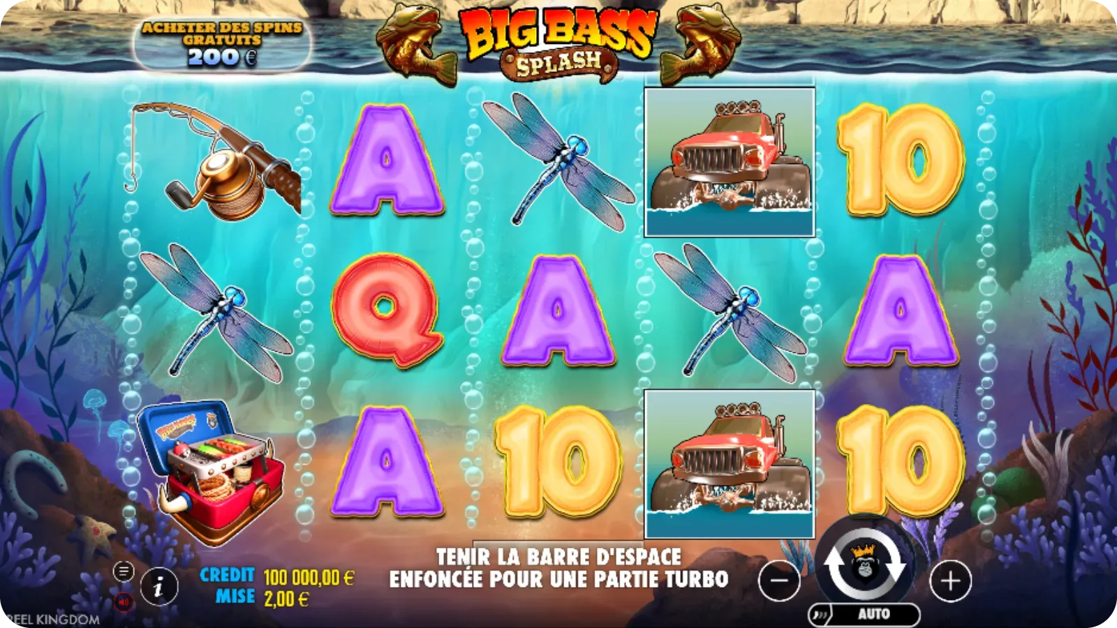 Écran de base de Big Bass Splash avec 5 rouleaux, symboles et interface