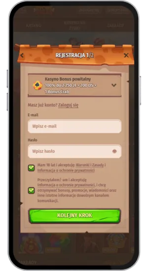 Formularz rejestracji z pustymi polami e-mail i hasło